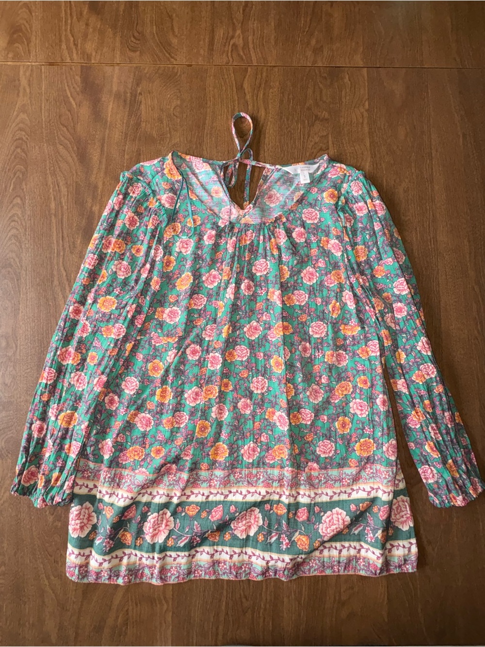 LC Lauren Conrad Teal Floral Peasant Blouse with Pink and Orange Accents